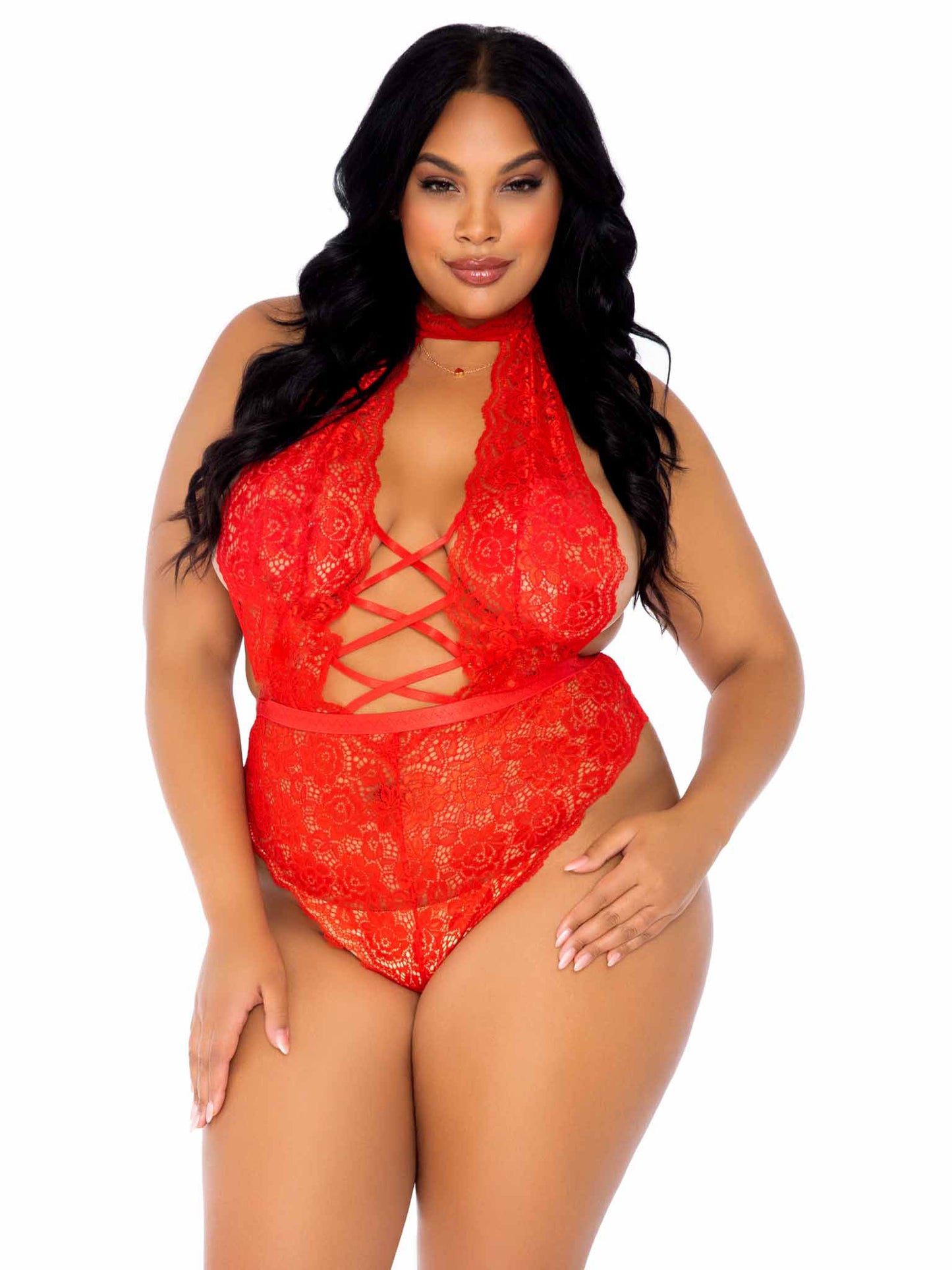 Floral Lace Crotchless Teddy - 1x/2x - Red