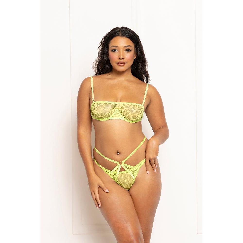 \"2 Pc Fishnet and Strappy Elastic Bra and Thong Set - One Size - Lime STM-11585PLMOS\"