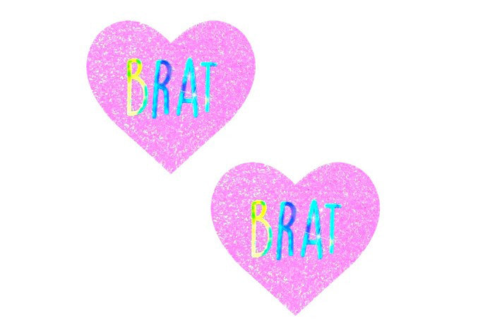 Brat Holographic Uv Light Pink I Heart U Glitter Nipple Cover Pasties NN-BRT-HRT