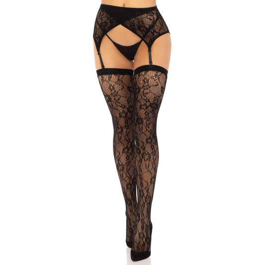 2 Pc Rachel Lace Thigh High and Crossover Garter Belt - One Size - Black