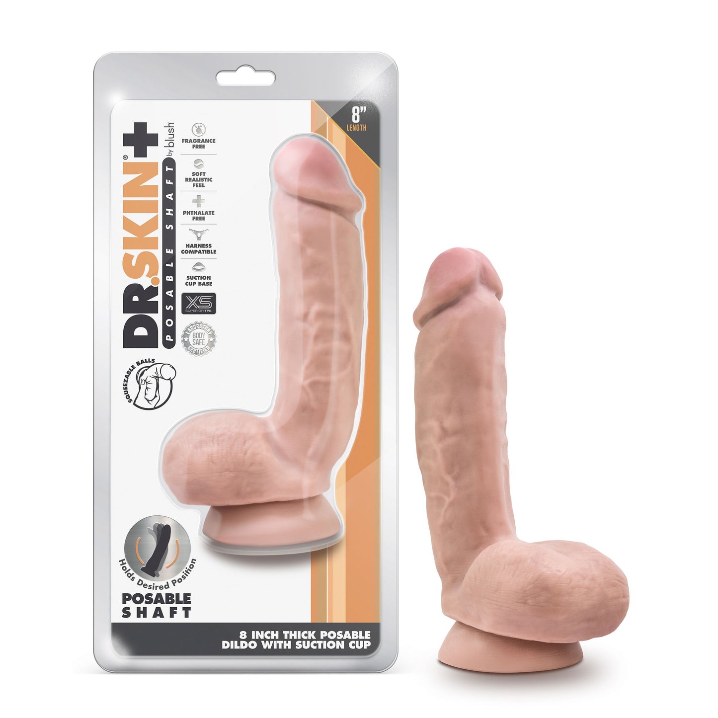 Dr. Skin Plus - 8 Inch Thick Poseable Dildo With Squeezable Balls - Vanilla