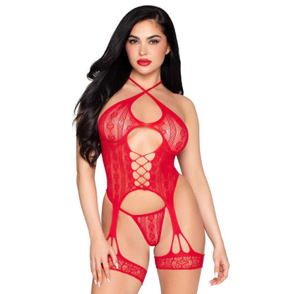 2pc Heart Net Halter Cami and G-String Panty - Os - Red LA-89338OSRED