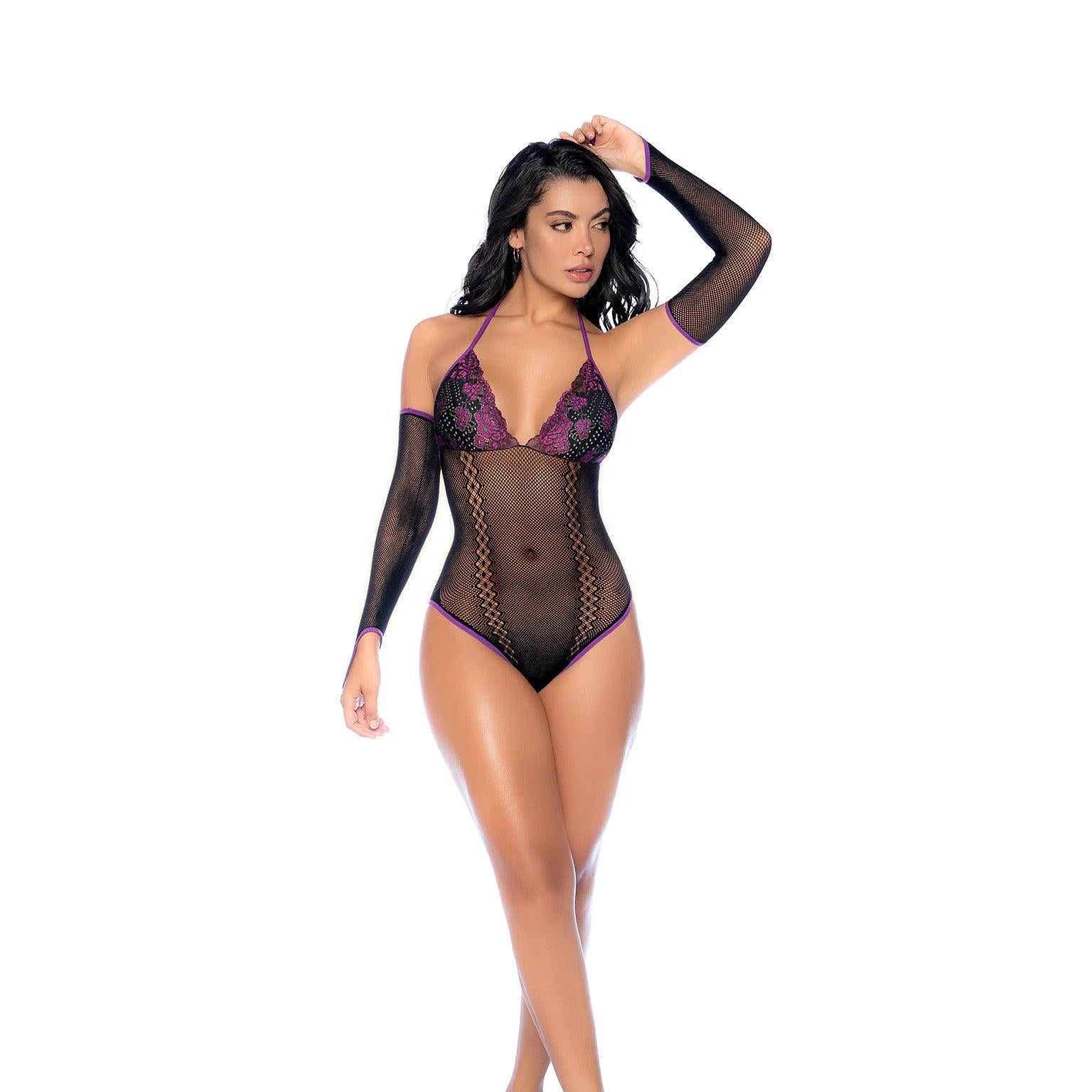 Fishnet and Lace Bodysuit Set - Os - Black/purple GE-1121BPOS