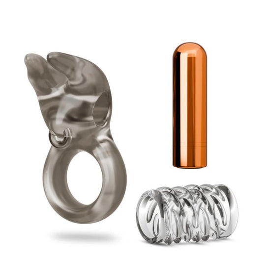 Stay Hard Vibrating Cock Ring Set With Sleeve Textured Sheath BL-74209