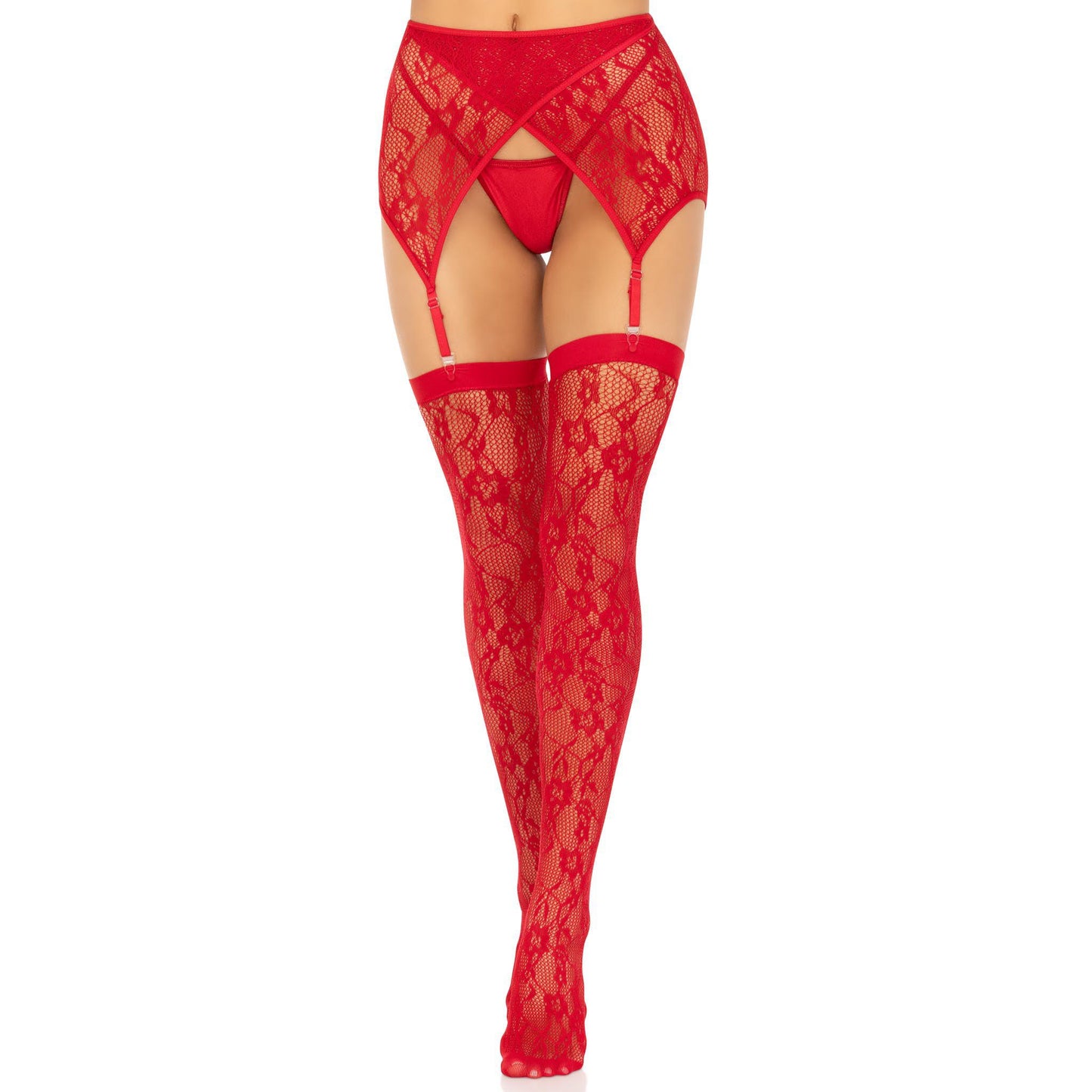 \"2 Pc Rachel Lace Thigh High and Crossover Garter Belt - One Size - Red LA-1608REDOS\"