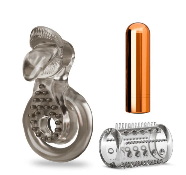 Stay Hard Vibrating Cock Ring Set With Sleeve Textured Sheath BL-66099