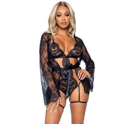 \"All Romance Lace Teddy and Robe Set - Large - Black LA-86123BLKL\"