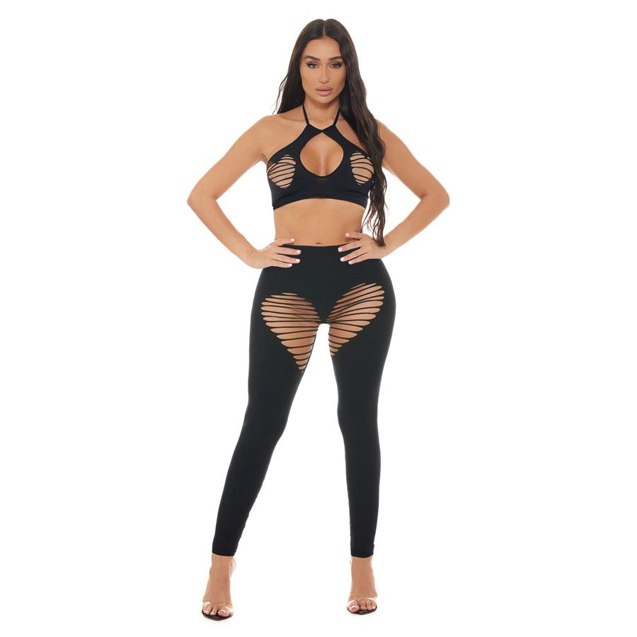 Heart Rate Halter Bra and Legging 2 Piece Set - Black - Os PKL-23118BLKOS