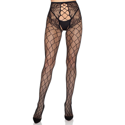 Faux Layer Net Tights With Crotchless Floral Panty - Os - Black LA-1966BLOS