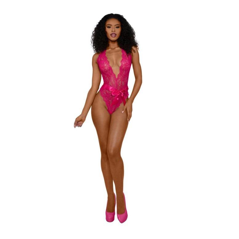 Tiana Lace Teddy With Satin Tie - L/xl - Azalea DG-14254AZLXL