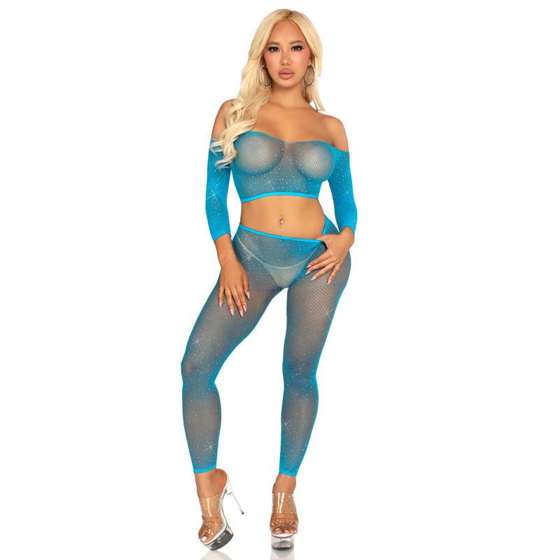 Rhinestone Fishnet Crop Top and Footless Tights O/s - Neon Blue LA-89354BLUOS