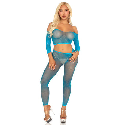 Rhinestone Fishnet Crop Top and Footless Tights O/s - Neon Blue LA-89354BLUOS