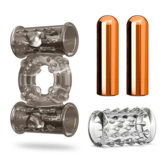 Stay Hard Vibrating Cock Ring Set With Dual Bullets Textured Sheath BL-77509