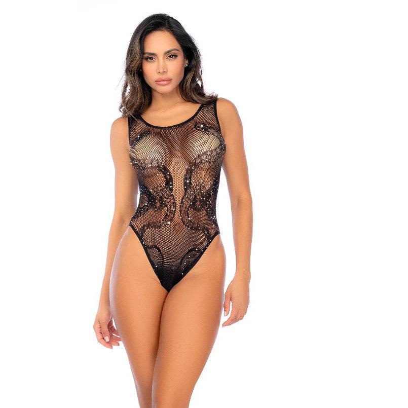 Snake Fishnet Rhinestone Bodysuit - Os - Black GE-1155BKOS