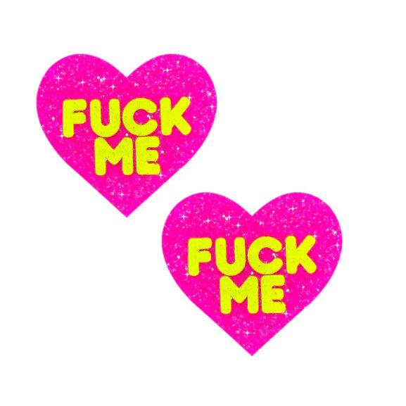 F*Ck Me Blacklight Neon Super Sparkle Nipple Cover Pasties Pink Glitter