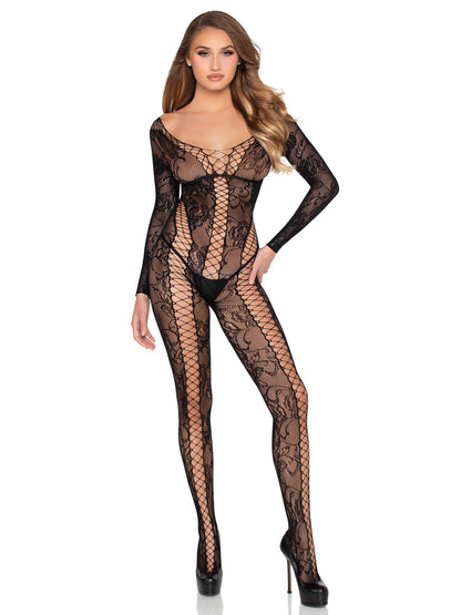 Net and Lace Crotchless Lingerie Jumpsuit - Os - Black LA-89369BKOS