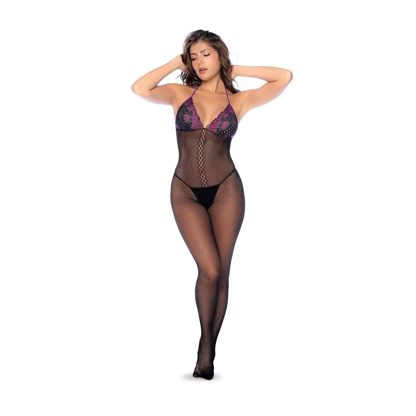 Fishnet and Lace Bodystocking Set - Os - Black/purple GE-1122BPOS
