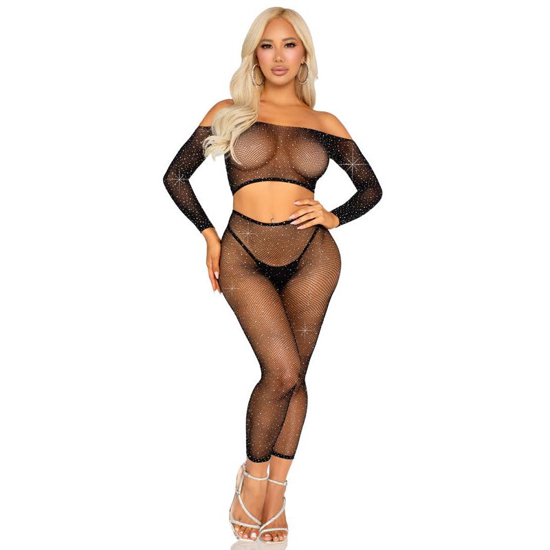 Rhinestone Fishnet Crop Top and Footless Tights O/s - Black LA-89354BLKOS
