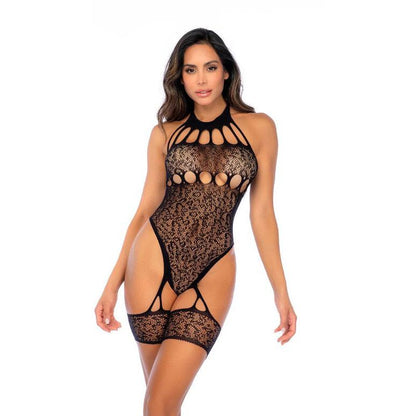 Leopard Halter Fishnet Bodysuit - Os - Black GE-1144BKOS