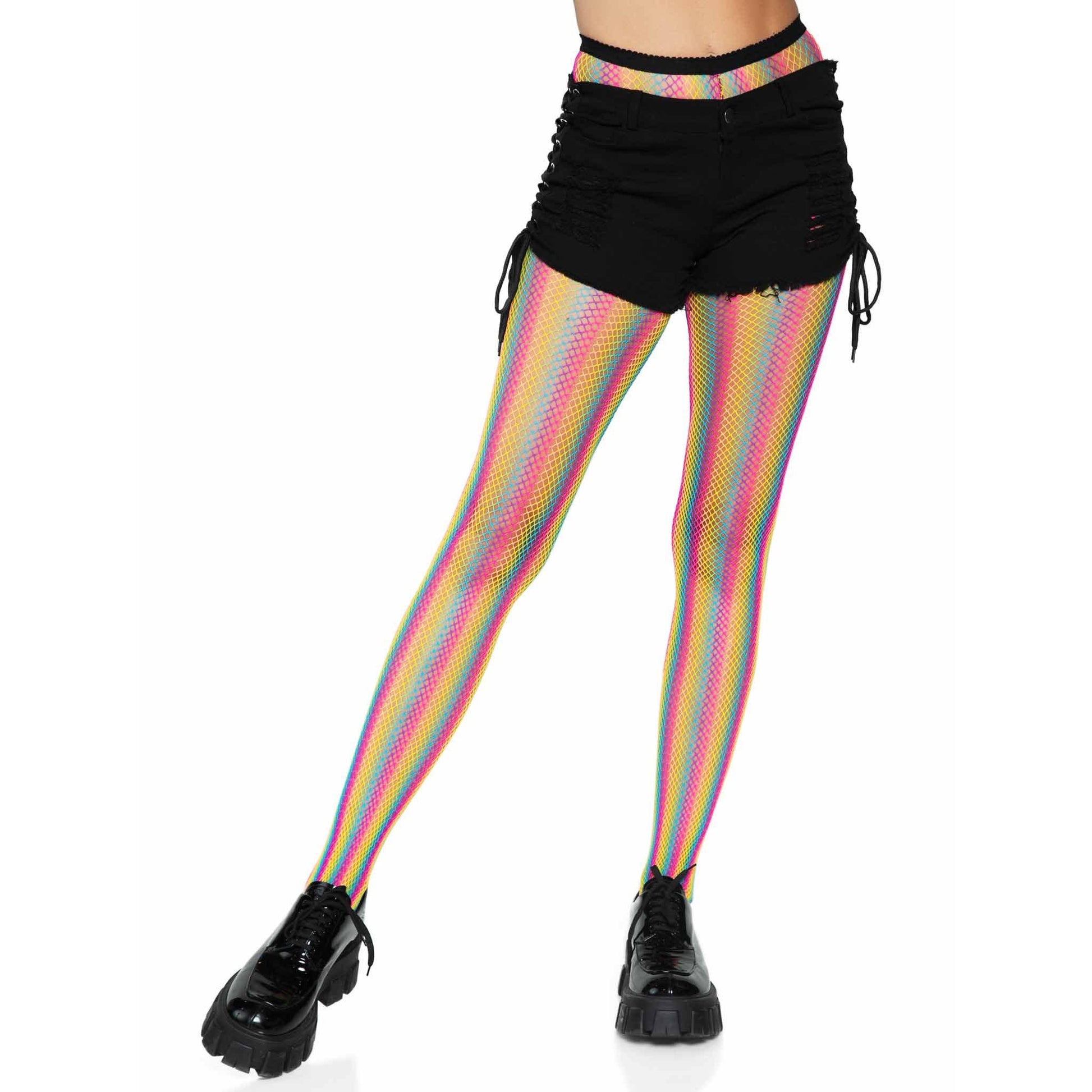 \"Neon Rainbow Striped Fishnet Tights - One Size - Multicolor LA-9970MULOS\"