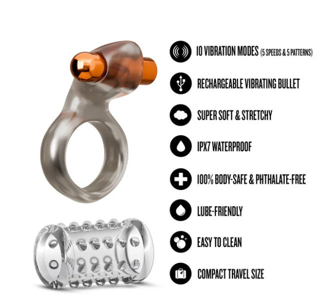 Stay Hard Vibrating Cock Ring Set With Sleeve Textured Sheath