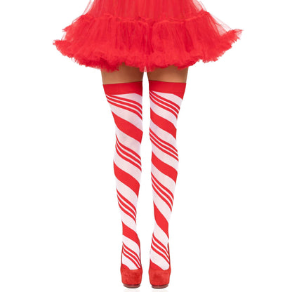Candy Cane Thigh High - One Size - White/red LA-6628WHTRED