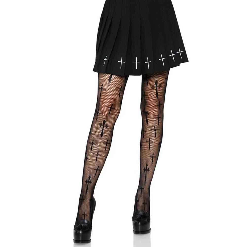 \"Worship Me Cross Net Tights - 1x/2x - Black LA-9753XBLK1X2\"