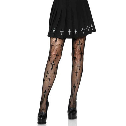 \"Worship Me Cross Net Tights - 1x/2x - Black LA-9753XBLK1X2\"