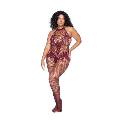 Halter and Crotchless Floral Bodystocking - O/sx - Cherry GE-1116XBGOS
