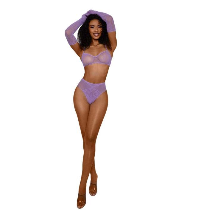 Lace Bralette Panty and Gloves Set - Os - Lilac DG-13963LIOS