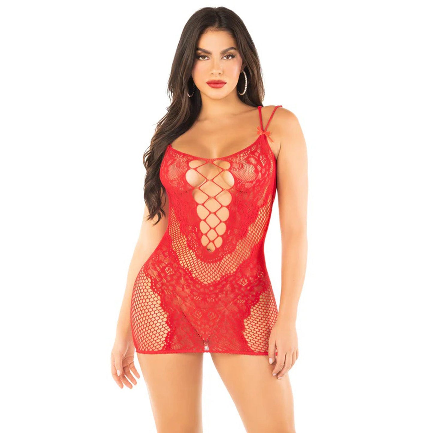 \"Red Lace and Net Mini Dress - With Dual Strap Detail - Os LA-81669REDOS\"