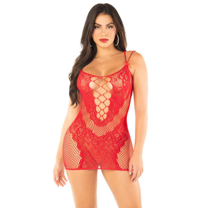 \"Red Lace and Net Mini Dress - With Dual Strap Detail - Os LA-81669REDOS\"