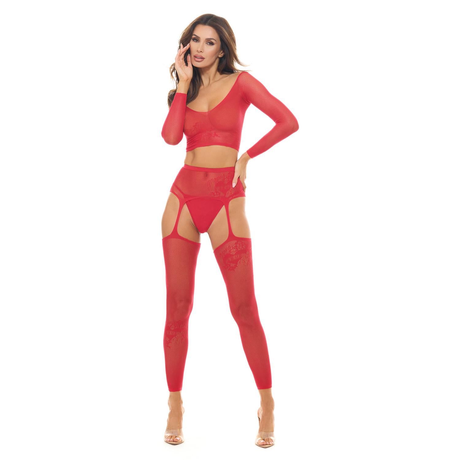 Permanent Mark Long Sleeve Top and Garter Bodystocking Red - Os RR-7117TREDOS
