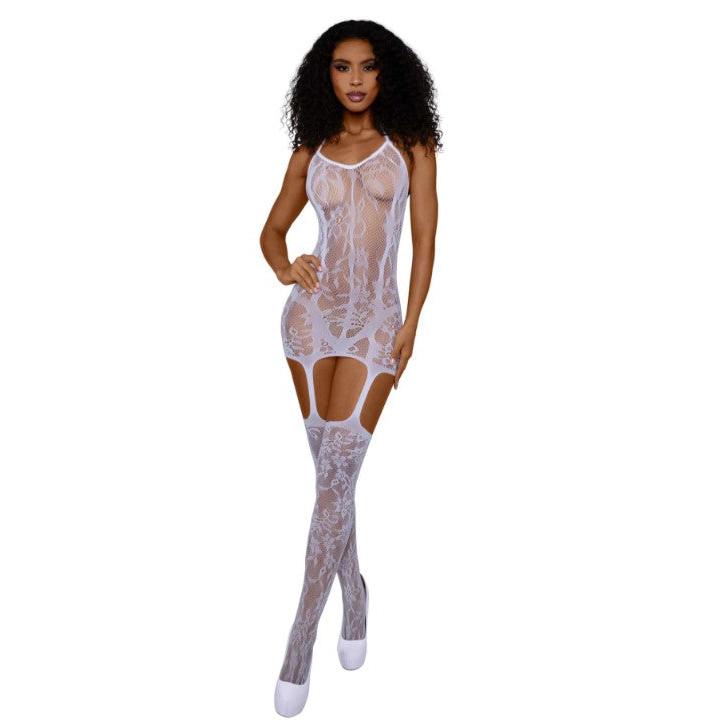 Lace and Opaque Seam Garter Dress - Os - White DG-0145WHOS