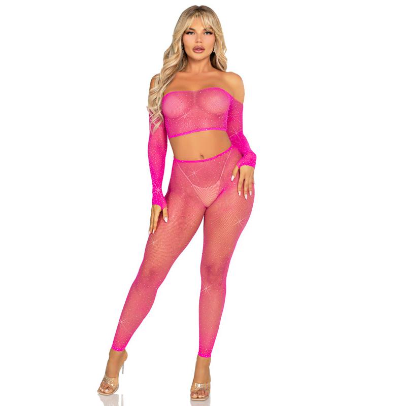 Rhinestone Fishnet Crop Top and Footless Tights O/s - Neon Pink LA-89354PNKOS