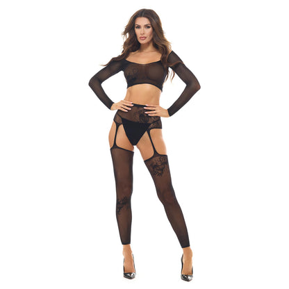 Permanent Mark Long Sleeve Top and Garter Bodystocking Black - Os RR-7117BLKOS