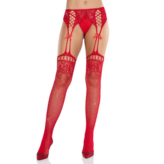 \"Red Rhinestone Lace Top Fishnet Stockings With - Gartner Belt - Os LA-1602REDOS\"