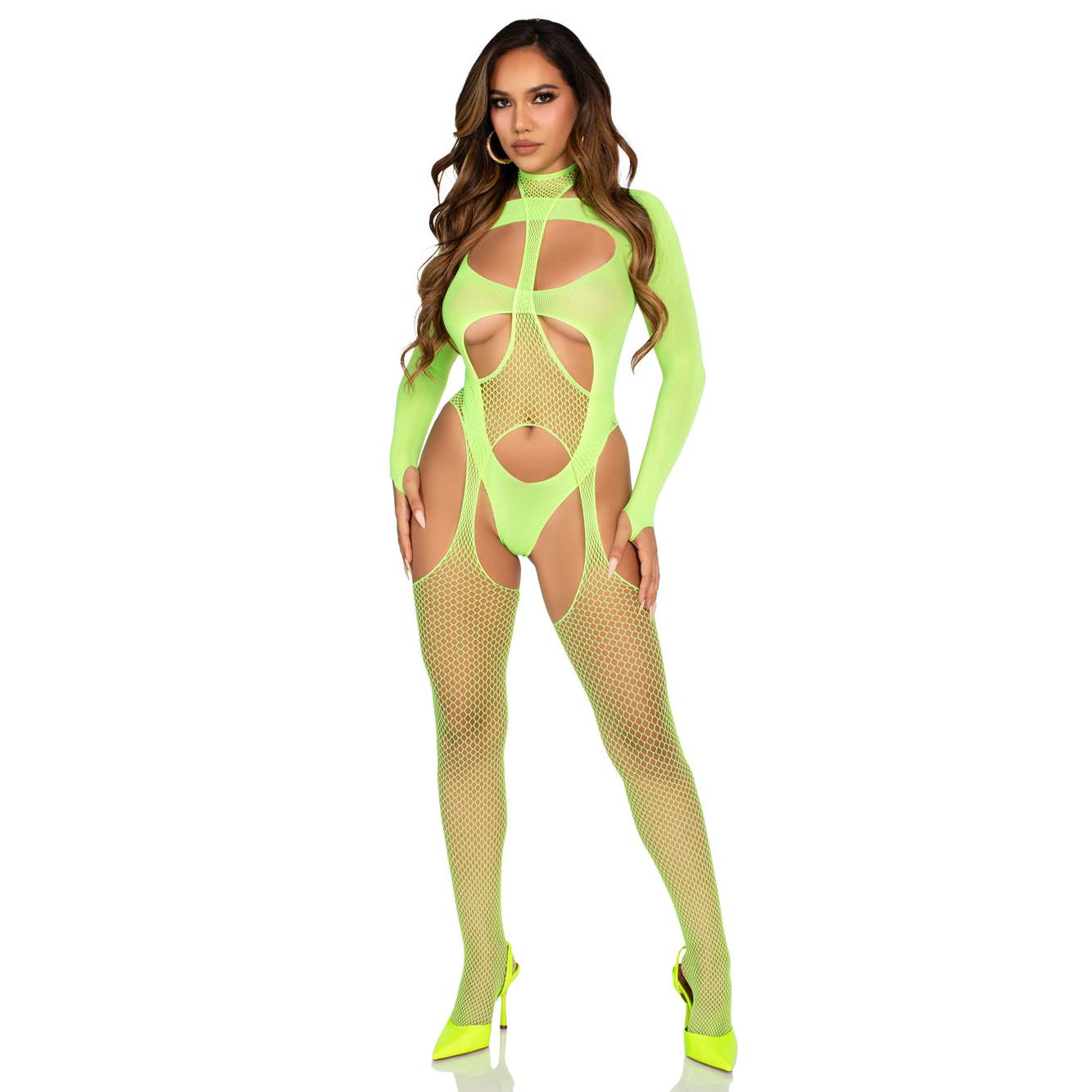 2 Pc Fishnet Suspender Lingerie Jumpsuit and Layered Opaque Teddy O/s - Neon Green LA-89321GRNOS