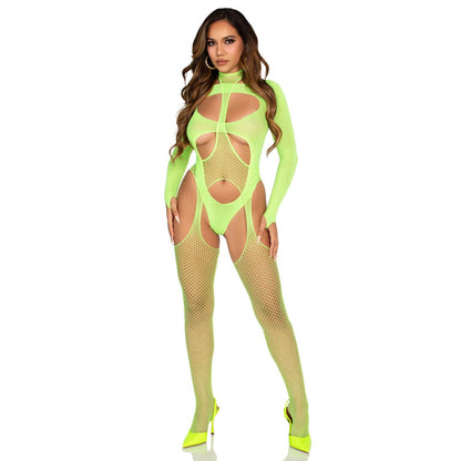 2 Pc Fishnet Suspender Lingerie Jumpsuit and Layered Opaque Teddy O/s - Neon Green LA-89321GRNOS