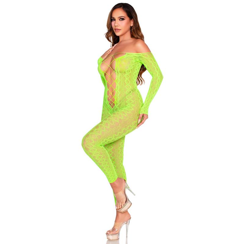 Python Net Crotchless Footless Lingerie Jumpsuit O/s - Neon Green LA-89357GRNOS