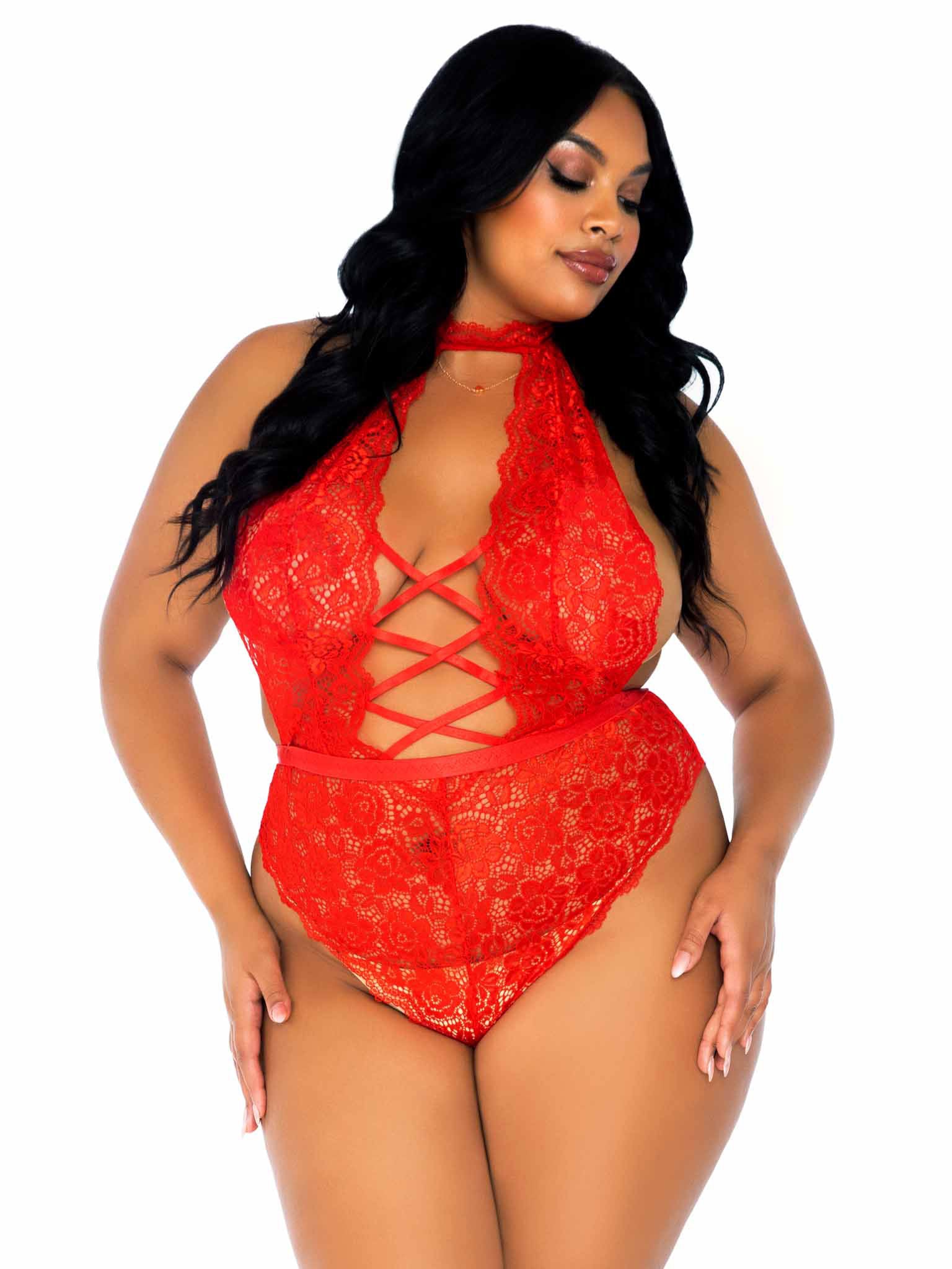 Floral Lace Crotchless Teddy - 1x/2x - Red