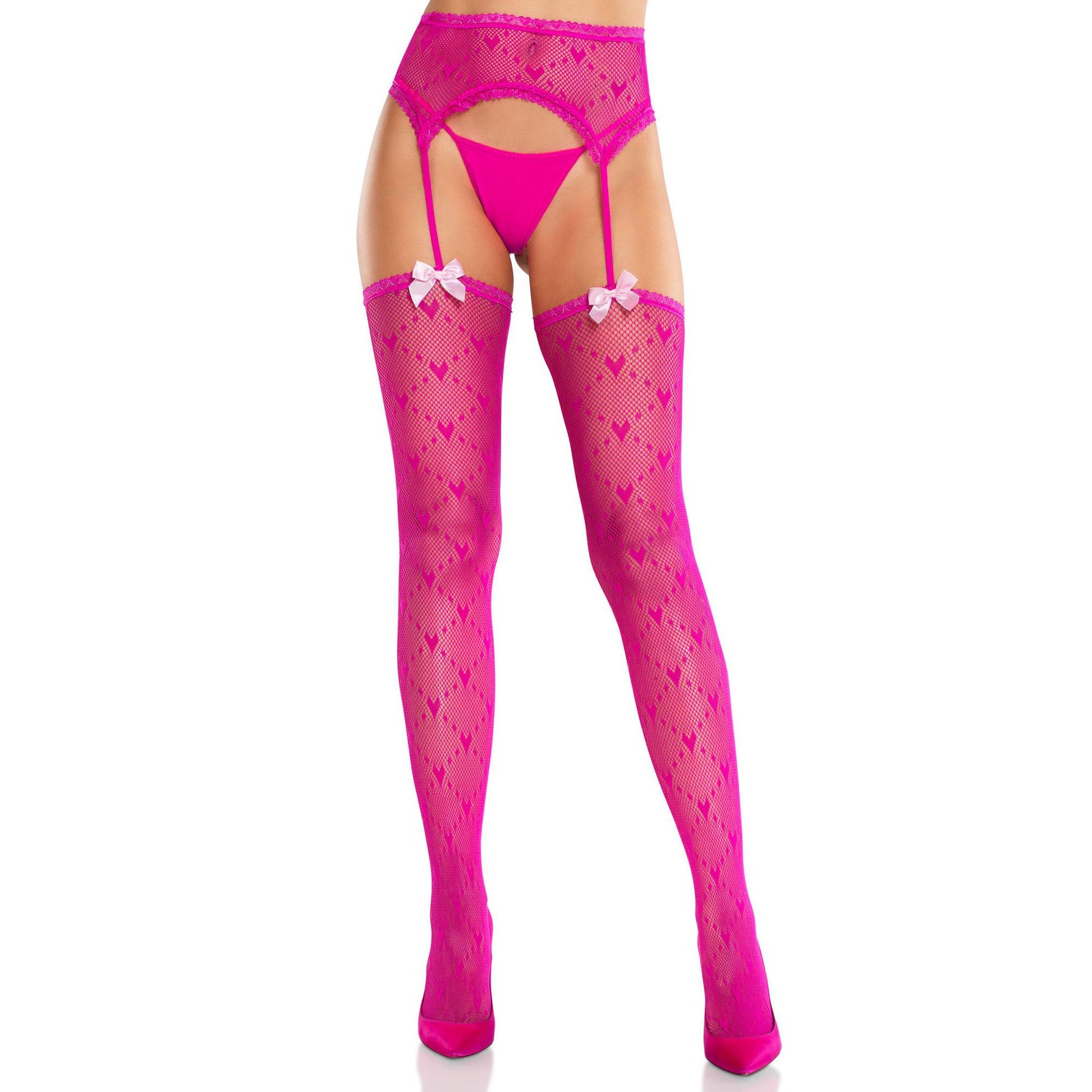 \"Magenta Heart Lace Trimmed Heart Net Stockings - Net Stockings - With Garter Belt - Os LA-1601MGTAOS\"