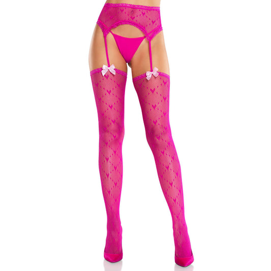 \"Magenta Heart Lace Trimmed Heart Net Stockings - Net Stockings - With Garter Belt - Os LA-1601MGTAOS\"