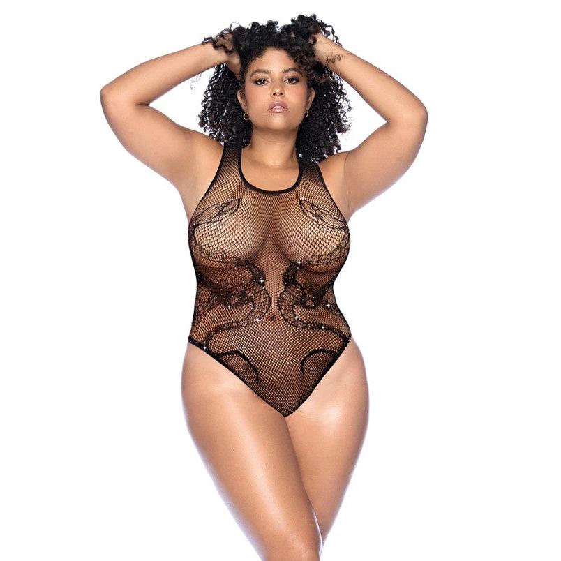 Snake Fishnet Rhinestone Bodysuit - Curve Os - Black GE-1155XBKOS