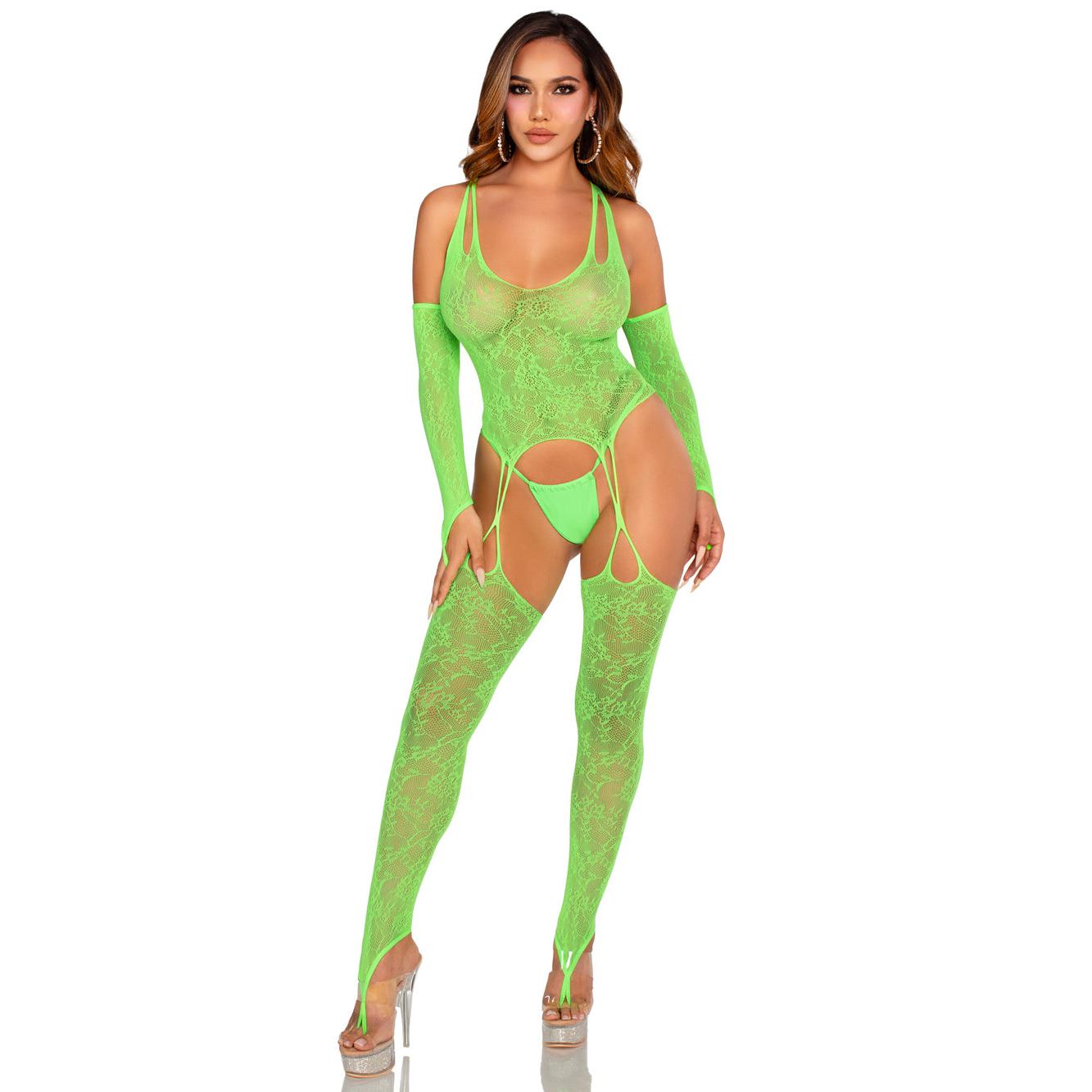 2 Pc Lace Halter Footless Cami Garter With Attached Toe Loop Stockings O/s - Neon Green LA-89346GRNOS
