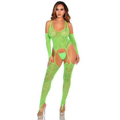 2 Pc Lace Halter Footless Cami Garter With Attached Toe Loop Stockings O/s - Neon Green LA-89346GRNOS