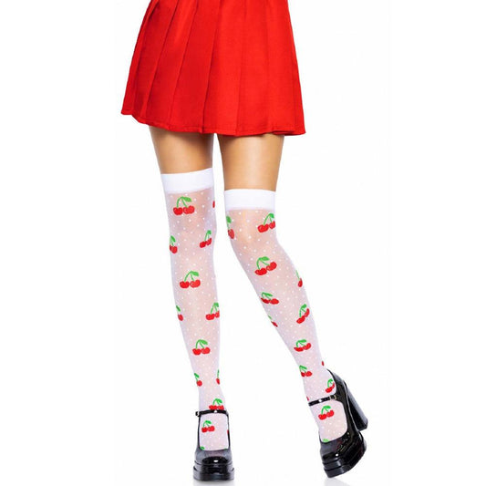 Sheer Polka Dot Cherry Thigh Highs - One Size - White/red