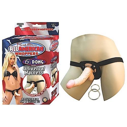 All American Whoppers 6.5-Inch- Dong With  Universal Harness- Flesh