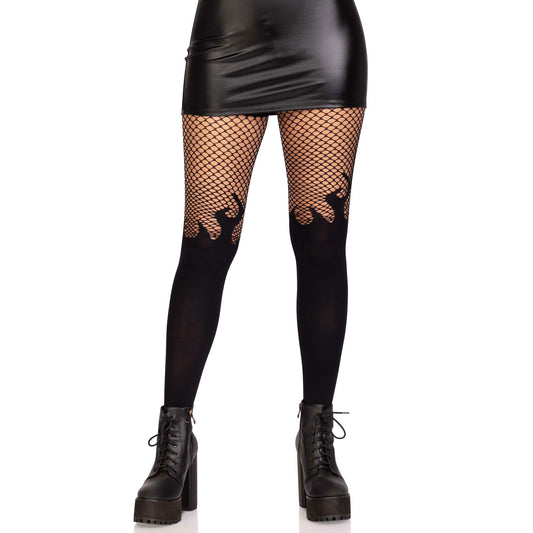 Opaque Flame Tights With Fishnet Top - One Size -  Black