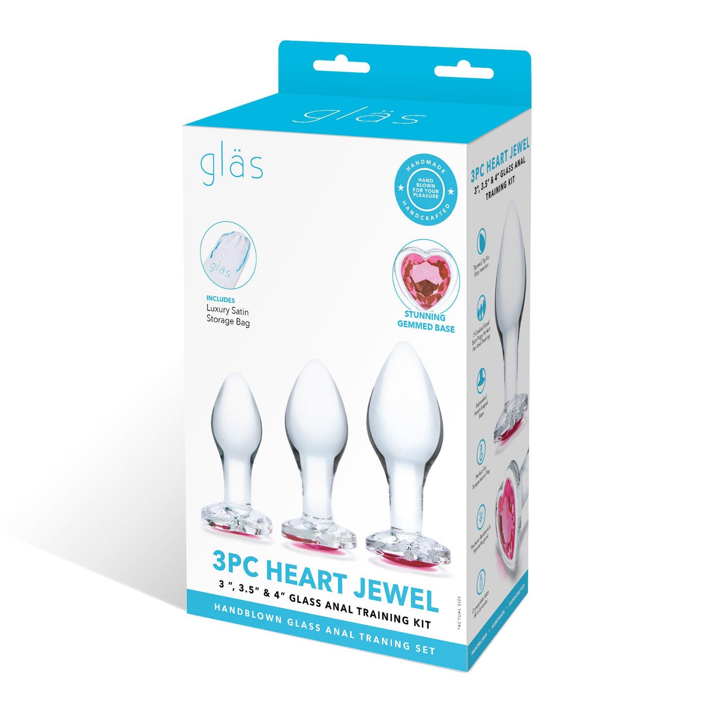 3 Pc Heart Jewel Glass Anal Training Kit -  Clear/pink